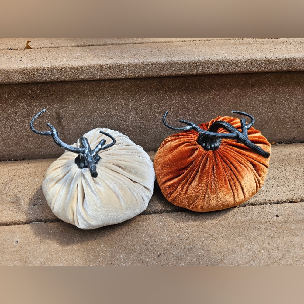Velvet Pumpkins Fall Decor with Antler Stems Orange And Tan Cream